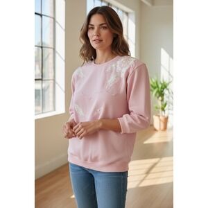 Shenanigans 80's Pink Embroidered Floral Sweatshirt Women's Med Shoulder Pads